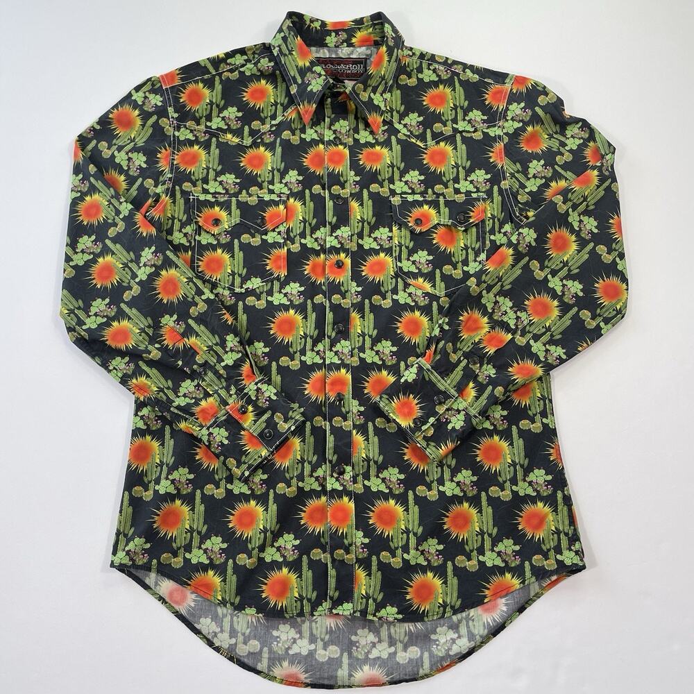 Western Pearl Snap Shirt AOP Mens Medium Cactus Print Rock & Roll Cowboy Cotton